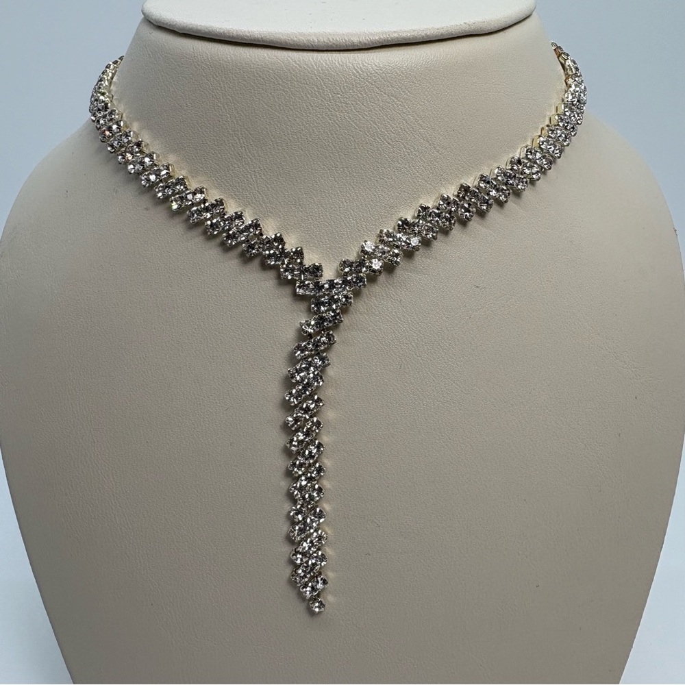 Silver Lariat Rhinestone Y-Shaped Statement Necklace & Earrings Set, Brand New